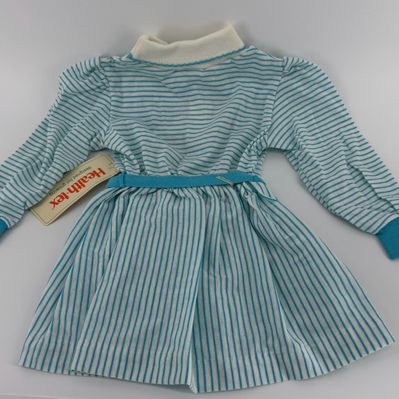 Vintage 80s 90s Health-Tex Bear on Sled Blue White Striped Dress, NWT, Girls 3T - Picture 5 of 8